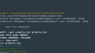 The commit fcae310, showing its tree, author, and the diff that adds hello.txt