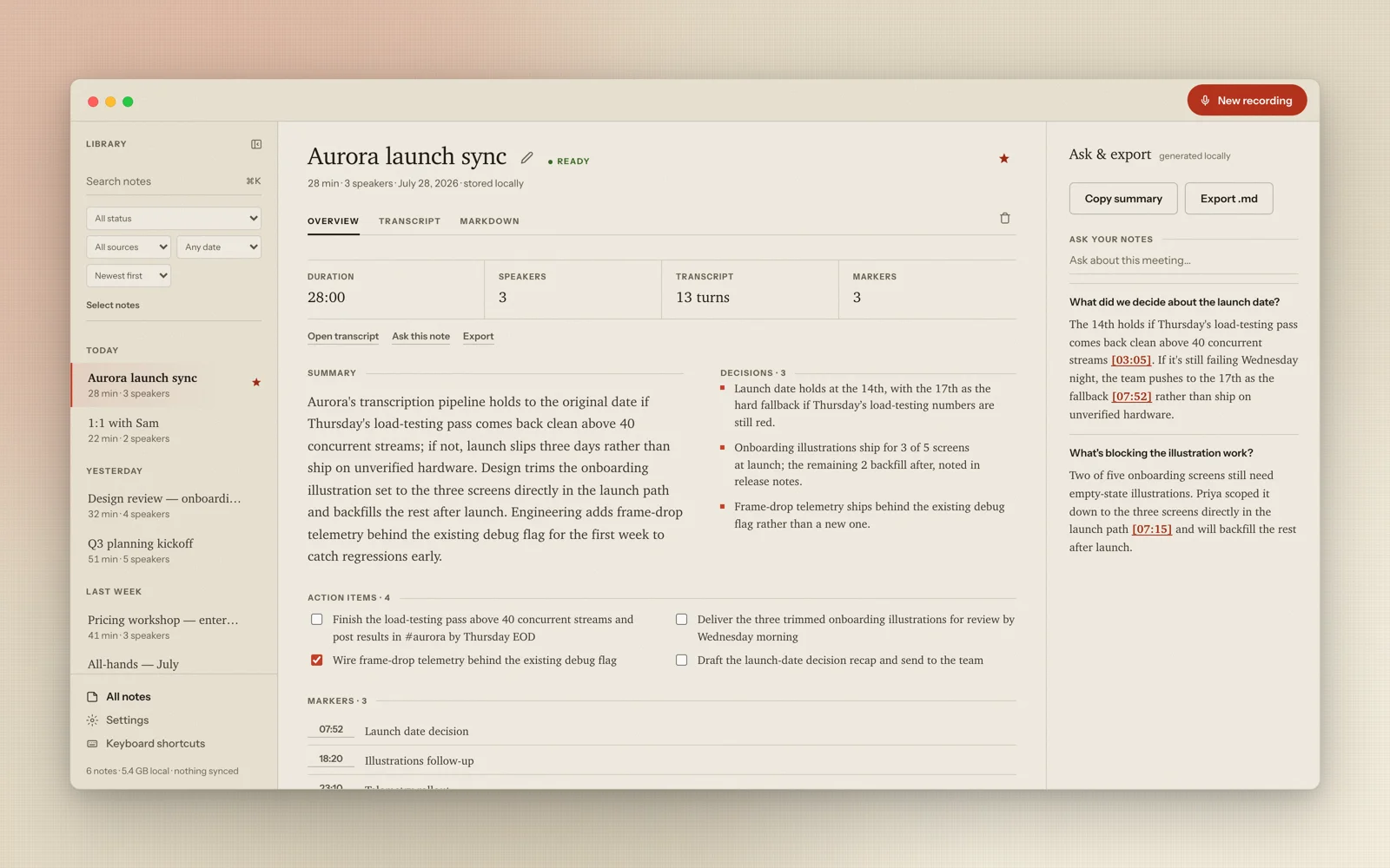 Minute showing a meeting summary, decisions, action items, transcript, and local ask