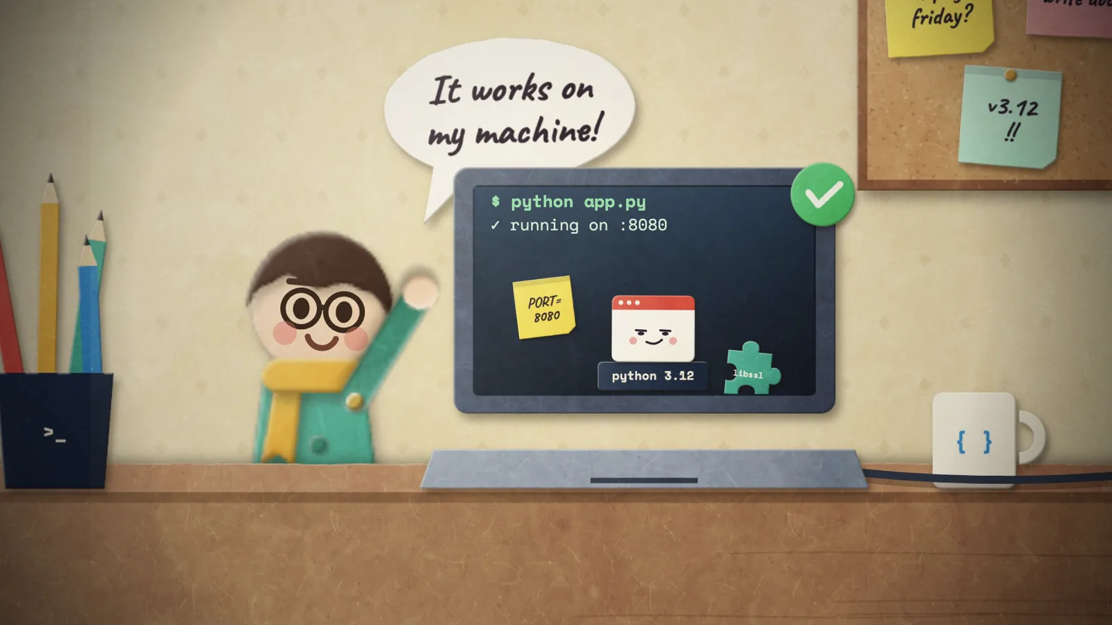 The paper developer at the desk, next to a laptop and a speech bubble that says “It works on my machine!”